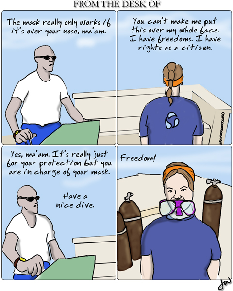 Man asks woman to put her mask over her nose. She refuses, claiming rights as a citizen. Hilarity ensues.